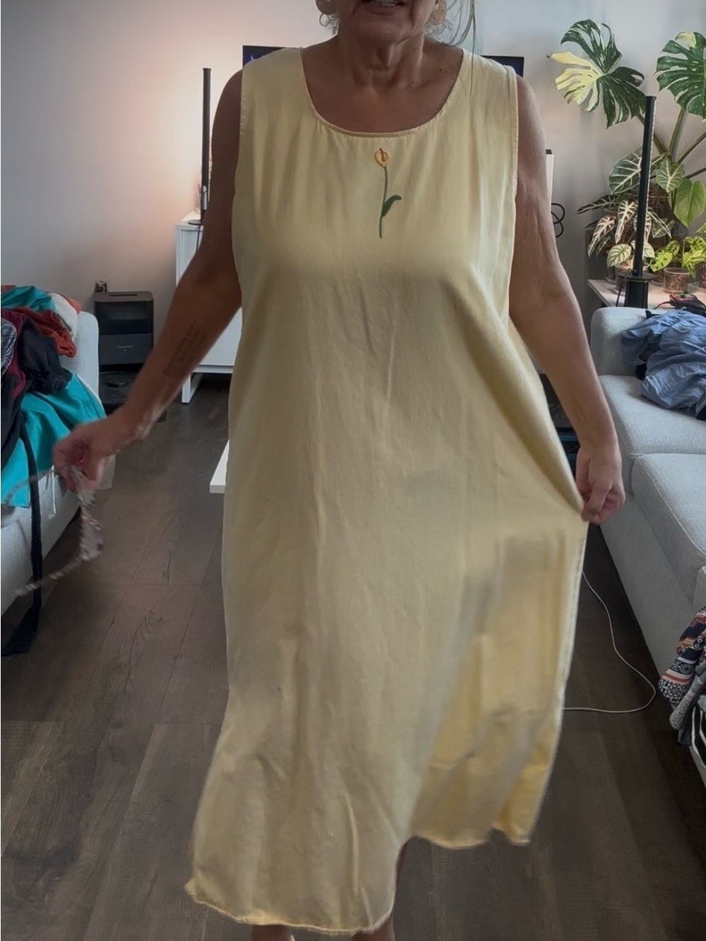 Vintage Las Olas Large Yellow Cotton Maxi Dress Embroidered Flower Cottagecore